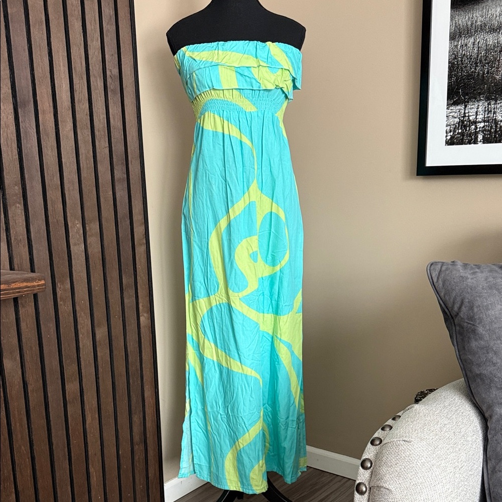 NWOT Strapless Aqua and Yellow Maxi Dress